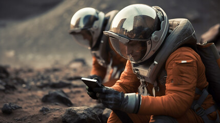 Canvas Print - two astronauts on an alien planet holding a mobile phone in their hands