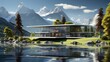 A tranquil oasis nestled in the midst of nature's embrace, with a majestic house overlooking a glistening lake surrounded by towering trees and mountains, under a vast sky adorned with fluffy clouds
