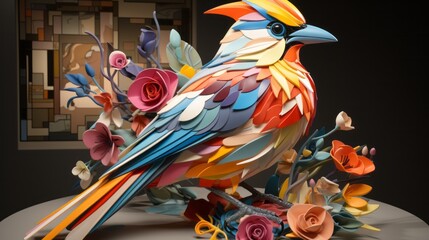 Poster - Vibrant petals burst forth from a majestic avian creation, exuding the essence of art and nature intertwined