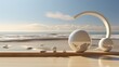 A playful arrangement of spheres atop a rustic wooden shelf, basking in the sky's soft hues and mirroring the tranquil waters of a faraway beach
