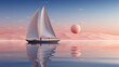 A majestic sailboat glides across the shimmering water, its tall mast reaching towards the vibrant sunset, a symbol of freedom and adventure on the open seas
