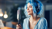 Girl Podcaster Streamer Makes A Review, Audio And Video In Her Home Studio. A Bright-looking Blogger Recording Podcast