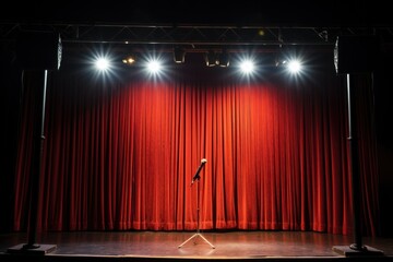 Wall Mural - spotlight on empty stage with wired microphone on stand