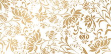 Vector Illustration Seamless Pattern With Peony Flowers Leaves Golden Colors Hand Drawn Floral Ornament For Wedding Invitation, Greeting Cards, Textile, Wallpapers, Packaging, Wrapping Papers Material