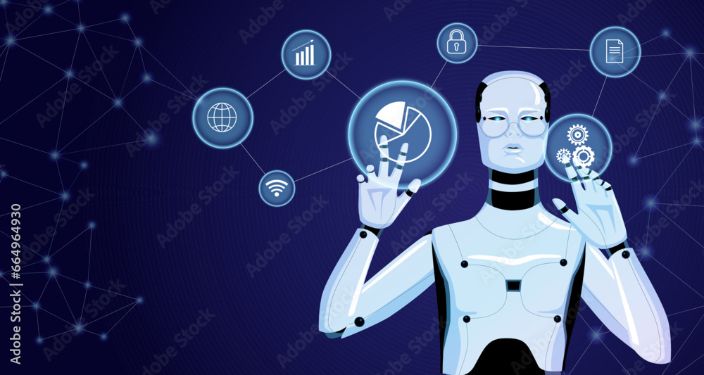 Humanoid robot character touching hologram network interface ...