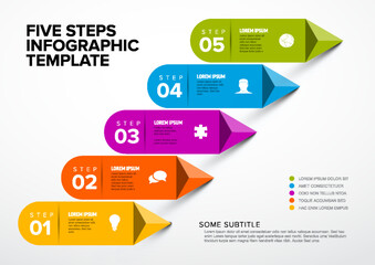 Poster - simple infographic with five steps on big stripes and arrows