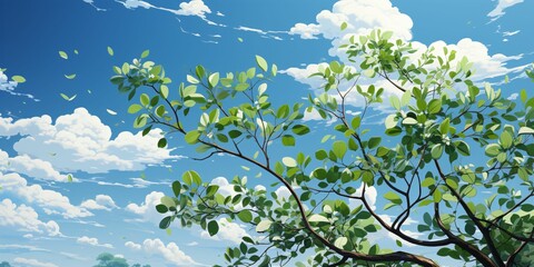 Fresh Green Leaves with Cloudy Blue Sky View