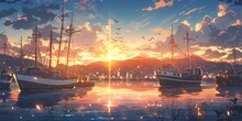 Beautiful Harbor With Blue Sky And Sunset View In Japanese Anime Style