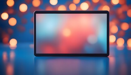 Slim modern tablet against a background of shining lights, front side, tablet close-up