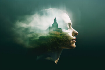 Wall Mural - Double exposure portrait of young woman with a church on the head. Religion concept