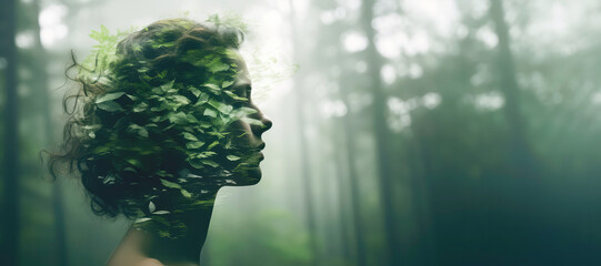 Canvas Print - Double exposure of young woman with green leaves in her hair in the forest