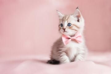 Sticker - Cute gray cat sitting in a bow tie on a pink background. Monochrome background with space for text. Postcard with a cat for Valentine's Day, Spring, Women's Day