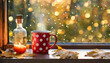autumn background with window and hot drink