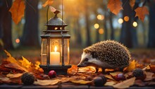 Lantern Stands In The Autumn Leaves And A Hedgehog