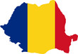 A contour map of Romania. Graphic illustration on a white background with the national flag superimposed on the country's borders