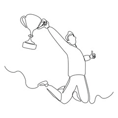 Wall Mural - Continuous single line sketch drawing of business man successful achievement goal holding trophy reward. one line vector illustration success leader employee corporate celebration