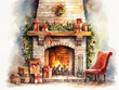 Christmas watercolor card in retro style. Living room with fireplace, Christmas tree beautifully decorated and gifts. AI generated