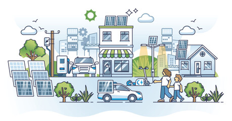 Wall Mural - Solar energy revolution and sun panels development in city outline concept. Effective green power for urban city lighting, infrastructure, EV charging and electricity supply vector illustration.