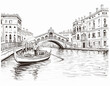 Venices eternal essence is captured in this monochromatic illustration. Intricate detailing of historic buildings, balconies, and windows overlook a tranquil canal. A beautifully adorned gondola