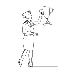 Wall Mural - Continuous single line sketch drawing of business woman successful achievement goal holding trophy reward. one line vector illustration success leader employee corporate celebration