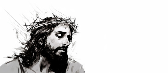 Poster - Black and white watercolor illustration of Jesus Christ with a crown of thorns with copy space