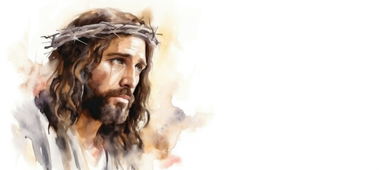 Sticker - Watercolor illustration of Jesus Christ with a crown of thorns with copy space