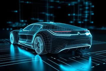 futuristic electric car with a holographic wireframe digital technology, Electric Vehicle