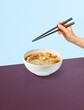 Photo of PHO soup on the background. The perfect picture for a poster. Modern food concept. Advertising for a restaurant. The image is fully sharp, front to back.