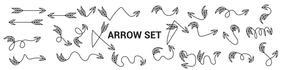 Poster - Hand drawn thin line arrows set. Many vector curvy and wavy arrows isolated on white background
