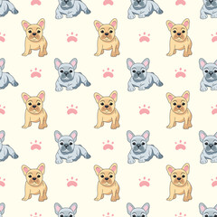 Wall Mural - Seamless pattern of beige and gray French bulldog babies on a light background with paw prints