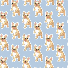  Seamless pattern of beige cute playful French bulldog babies on a blue background