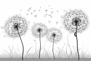  Dandelions with flying seeds in black and white illustration