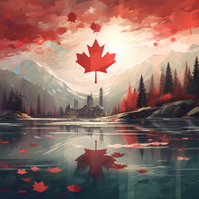 Canadian Flag On Lake
