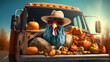 A turkey wearing a hat and sunglasses in a truck with pumpkins and gourds in the back