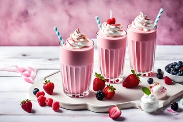 Sweet organic milkshake made of blended milk with Ice  cream and berries decorated with topping of whipped cream and pink round meringue served in two drinking glasses on white wooden table.