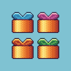 Poster - Pixel art sets of gold gift box with variation color item asset. Simple bits of golden gift box pixelated style. 8bits perfect for game asset or design asset element for your game design asset.