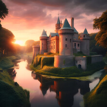 Distant Moat Surrounded Pristine Majestic Fantasy Big City Medieval Castle On An Idyllic Island In The Middle Of An Enchanted Surrounding Serene Lake In Golden Summer Sunset Clouds Whimsical Fairytail