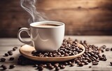 Fototapeta Mapy - Light photo, in white and beige tones. Cup of hot coffee with steam on a wooden background. Coffee beans. Cozy homely atmosphere in pastel colors. This photo was generated using Playground AI