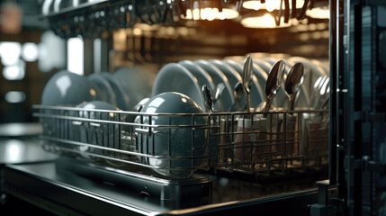 Close-up view of an industrial dishwasher hard at work, ensuring spotless cleanliness for dishes and silverware