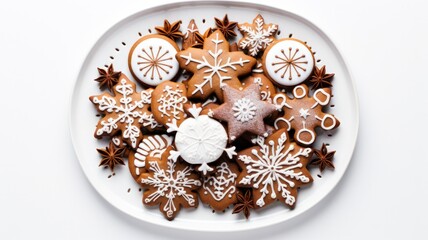 Wall Mural - Festive Christmas Treats Platter - Top View of Gingerbread Cookies on White Background, Featuring Baking and Bakery Goodies; Comes with Bonus Gift Box!
