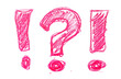 Photo grunge hand draw, scribble question and exclamation mark, wax pastel, crayon isolated on white, clipping path
