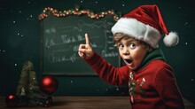 Surprised Boy In Red Christmas Hat Pointing Finger Up At Green Blank Chalkboard For Christmas School Teaching And Education