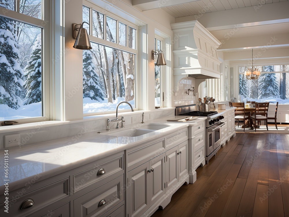 Modern huge kitchen with white marble countertops and wood floors ...