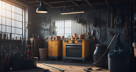 Interior garage with mechanic tools