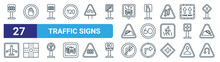 Set Of 27 Outline Web Traffic Signs Icons Such As Level Crossing, No Entry, Rail Road, Lane, , Crossroad, No Right Turn, Left Hair Pin Vector Thin Line Icons For Web Design, Mobile App.