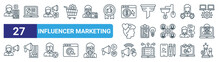Set Of 27 Outline Web Influencer Marketing Icons Such As Blogger, Analytic, Brand, Filter, Brief, Content Marketing, Call To Action, Contra Strategy Vector Thin Line Icons For Web Design, Mobile