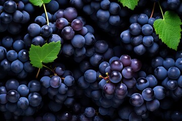 Flat lay background of vines, lots of organic blue dark grapes.