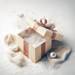 Leinwandbilder - Open gift box with a knitted scarf, balls and snowflakes on a white background