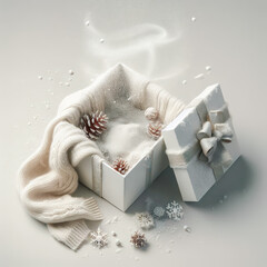 Leinwandbilder - Open white gift box with a knitted scarf and snowflakes on a white background