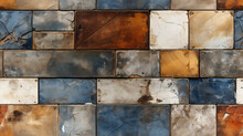 Worn-out Porcelain Stoneware Tiles Create A Mosaic Motif On A Rustic Concrete Surface. Seamless..
